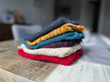handknit hat in 6 different yarn weights and colors