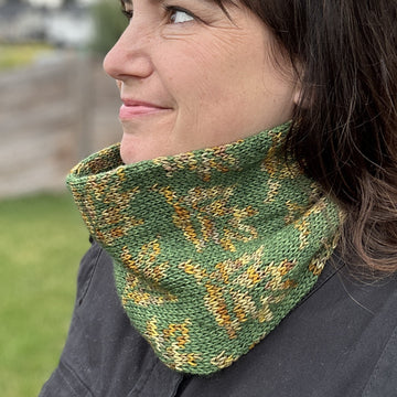 woman wearing a colorwork hand-dyed Polwarth wool handknit cowl