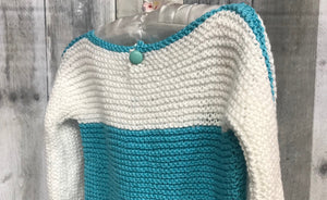 blue and white knit baby sweater