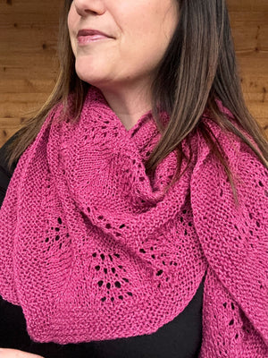 closeup image of lace and textured handknit shawl modeled by woman