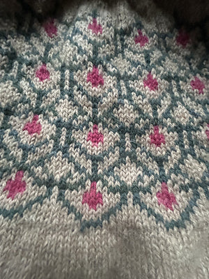 closeup image of the colorwork yoke of a pullover handknit sweater
