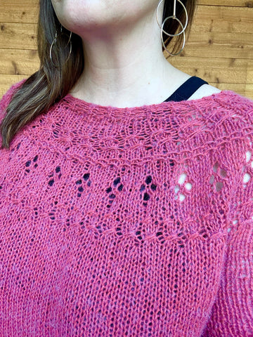 closeup image of the lace and textured yoke of pullover handknit sweater 