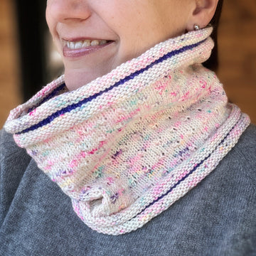 woman wearing a hand-dyed merino wool handknit cowl