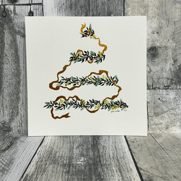 hand-painted holiday art prints by jennifer heredia 6x6 gold ribbon tree - Knot Another Hat