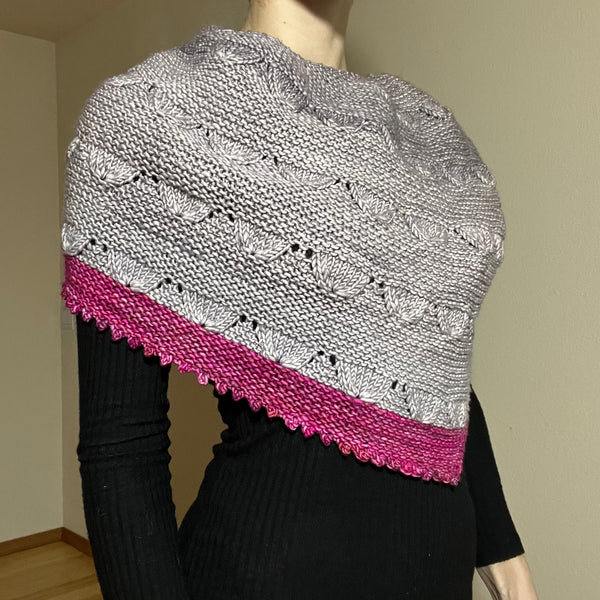 one-of-a-kind handknit sample: gray and pink crescent shawl  - Knot Another Hat