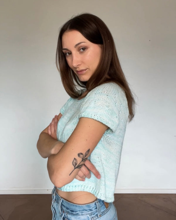 one-of-a-kind handknit sample: blue-green summer top, size 37"  - Knot Another Hat