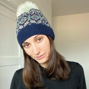 one-of-a-kind handknit sample: cozy colorwork and pom pom hat  - Knot Another Hat