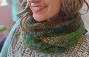 Diaphanous hand-knit cowl