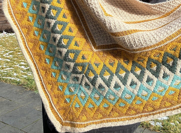 closeup image of 5-color colorwork handknit shawl