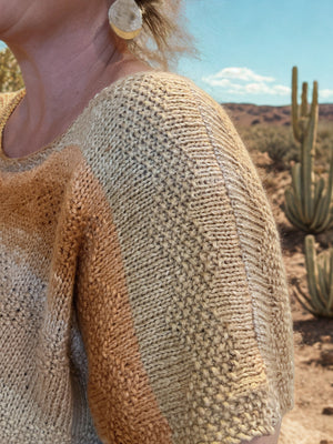 closeup image of a textured stitch pattern on  a handknit top