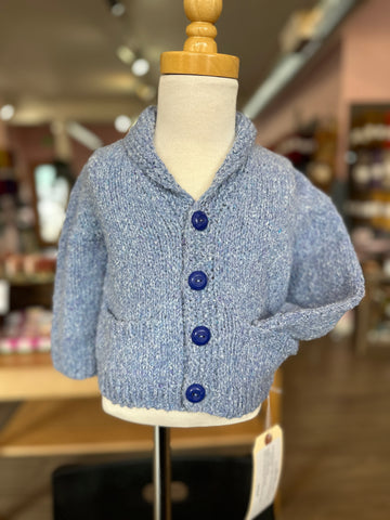 blue shawl-collar handknit baby sweater