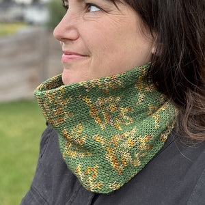 woman wearing a colorwork hand-dyed Polwarth wool handknit cowl