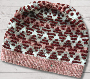 closeup of 4-color colorwork handknit hat