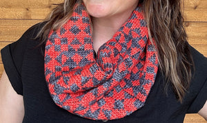 closeup image of a geometric colorwork pattern on a handknit cowl