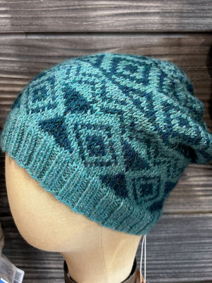 closeup of fabric of 2-color handknit hat