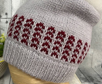 closeup image of a colorwork pattern on a handknit hat