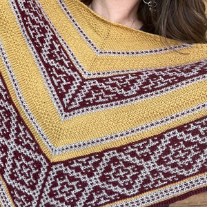 closeup image of 3-color patterned handknit shawl