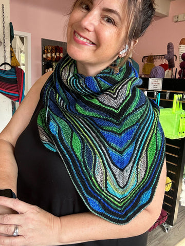 close-up of stained-glass effect colorwork handknit shawl