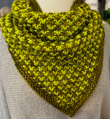 closeup image of a textured 2-color bandana-shaped handknit cowl