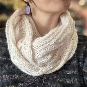 closeup image of a luxurious cashmere-silk cabled handknit scarf
