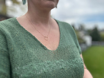closeup image of the textured fabric of a handknit top
