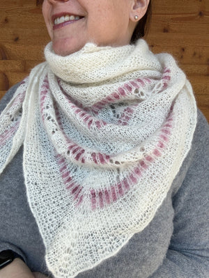 closeup image of lace and textured handknit shawl modeled by woman