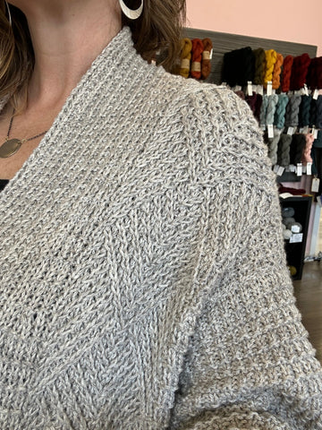 closeup image of the textured fabric of a cardigan handknit sweater