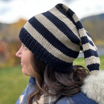 closeup of 2-color striped stocking cap handknit hat