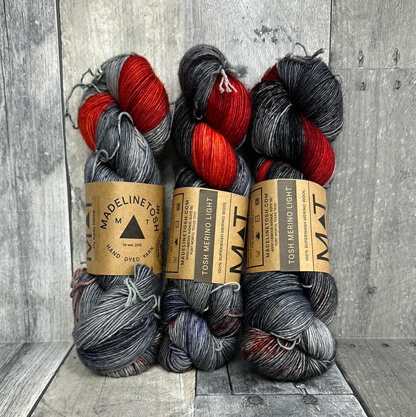madelinetosh x barker wool collab: tosh merino light planned pooling colors fly away home - Knot Another Hat