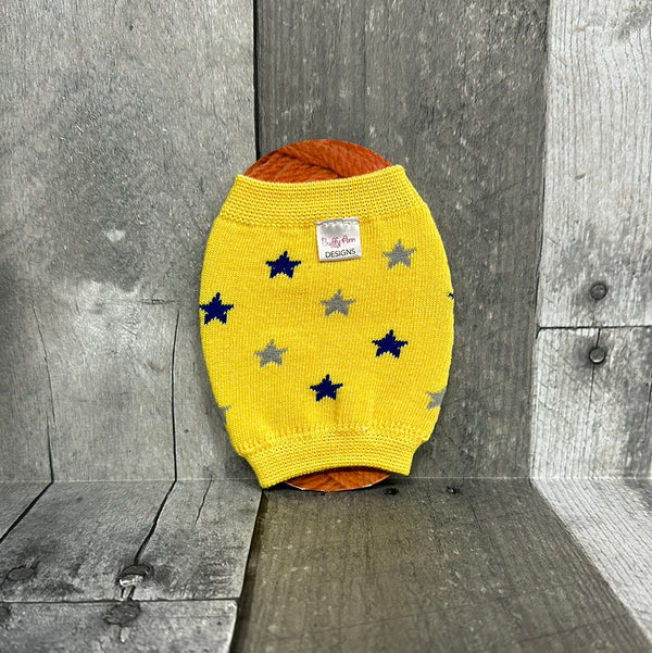 buffy ann designs yarn cozy yellow with blue stars - Knot Another Hat