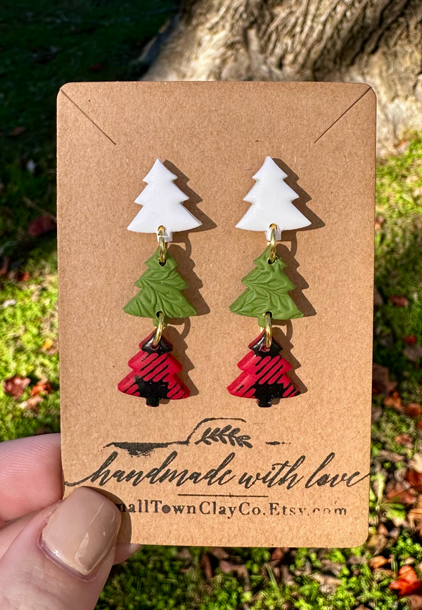 handmade clay earrings plaid tree - Knot Another Hat