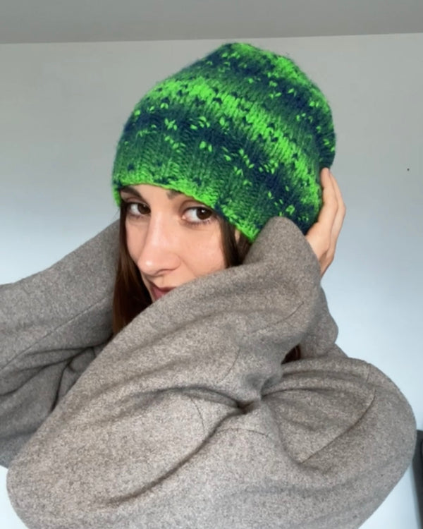 one-of-a-kind handknit sample: green and blue alpaca blend hat  - Knot Another Hat