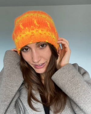 one-of-a-kind handknit sample: neon orange and gold alpaca blend hat  - Knot Another Hat