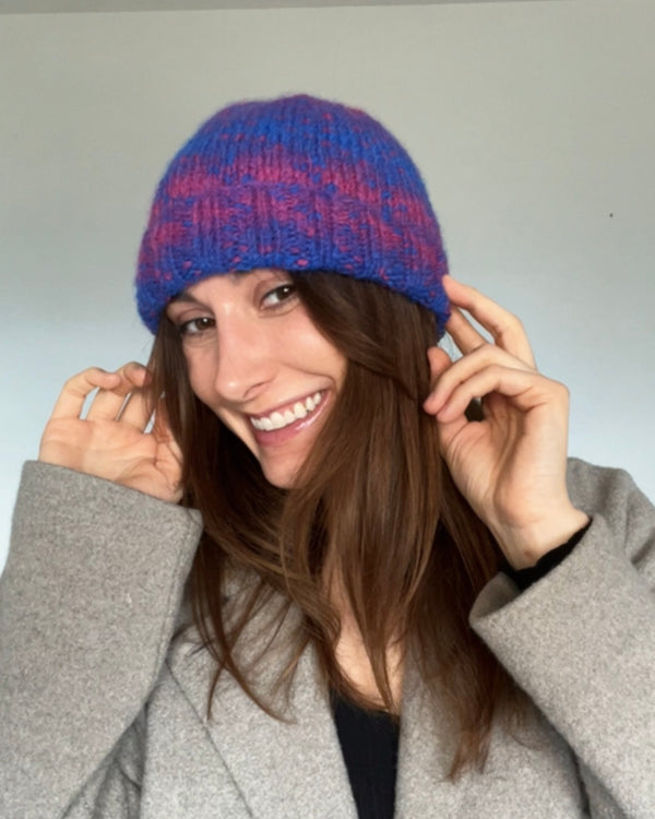 one-of-a-kind handknit sample: blue and purple alpaca blend hat  - Knot Another Hat