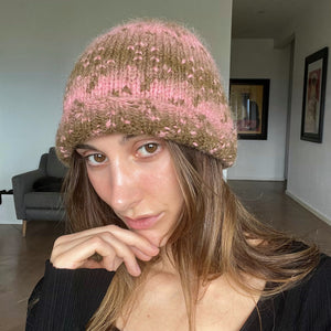 one-of-a-kind handknit sample: pink and brown alpaca blend hat  - Knot Another Hat