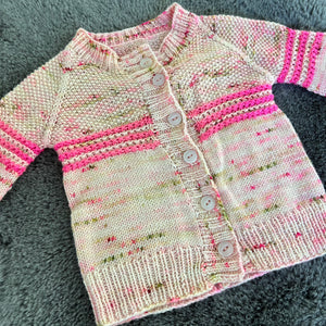 one-of-a-kind handknit sample: party of pink baby cardigan  - Knot Another Hat