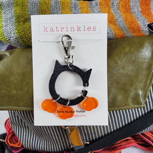 katrinkles acrylic cat stitch marker holder with 2 pumpkin markers - Knot Another Hat