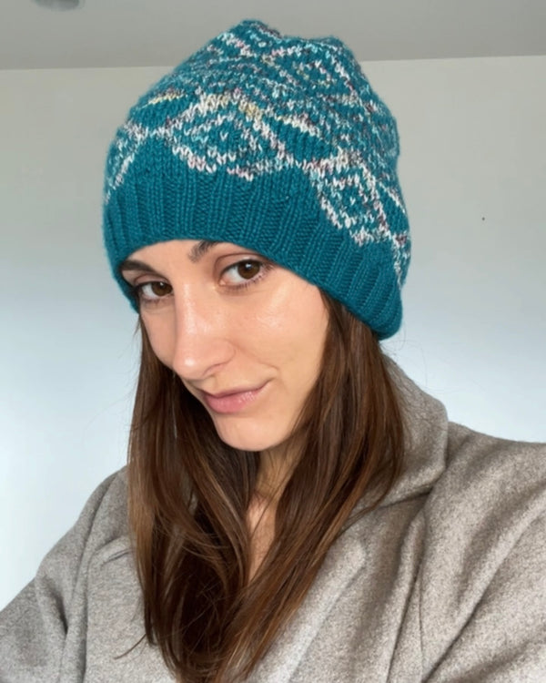 one-of-a-kind handknit sample: teal and multi wool blend hat  - Knot Another Hat