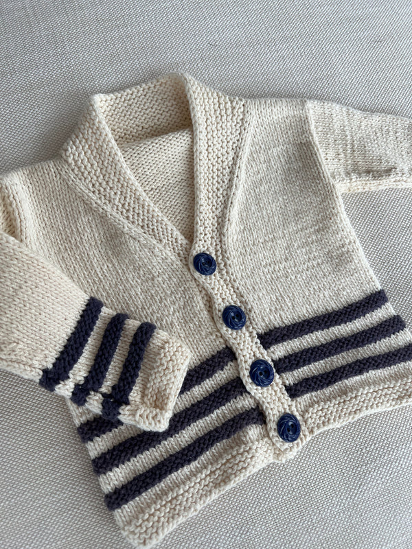 one-of-a-kind handknit sample: striped baby cardigan  - Knot Another Hat