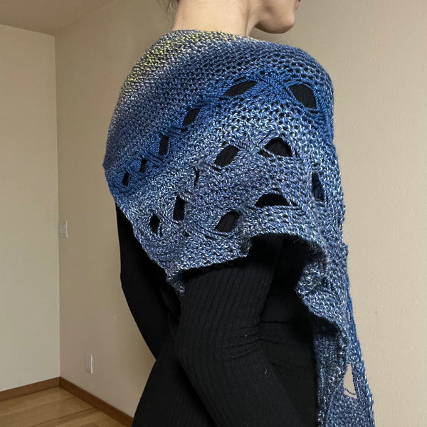 one-of-a-kind handknit sample: blue crescent shawl  - Knot Another Hat