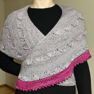 one-of-a-kind handknit sample: gray and pink crescent shawl  - Knot Another Hat