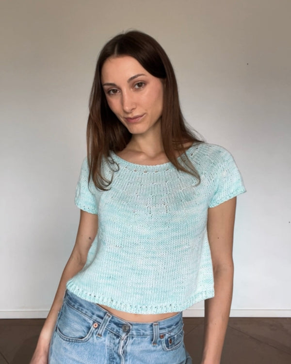 one-of-a-kind handknit sample: blue-green summer top, size 37"  - Knot Another Hat
