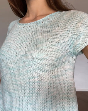 one-of-a-kind handknit sample: blue-green summer top, size 37