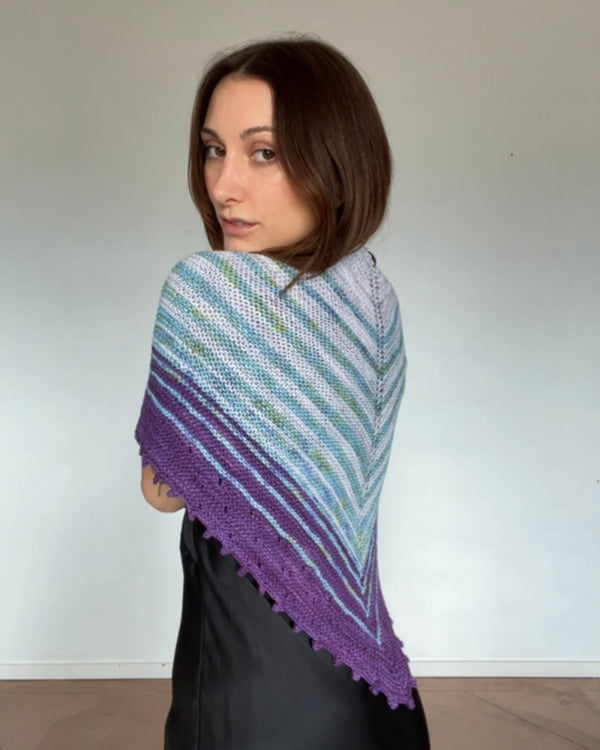 one-of-a-kind handknit sample: blue and purple striped shawl  - Knot Another Hat