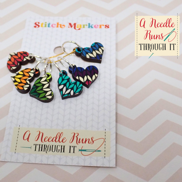 Knit Hearts - Full Color Stitch Markers (set of 6) - Knot Another Hat