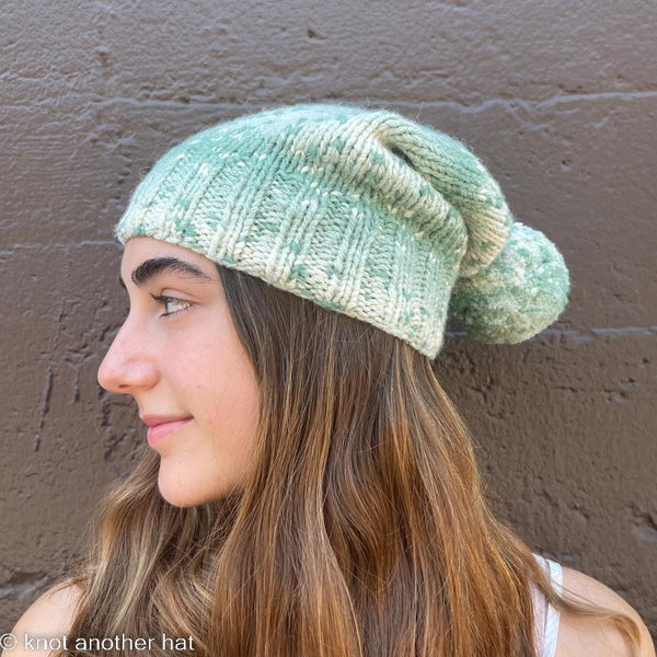 one-of-a-kind handknit sample: green alpaca and cotton hat  - Knot Another Hat