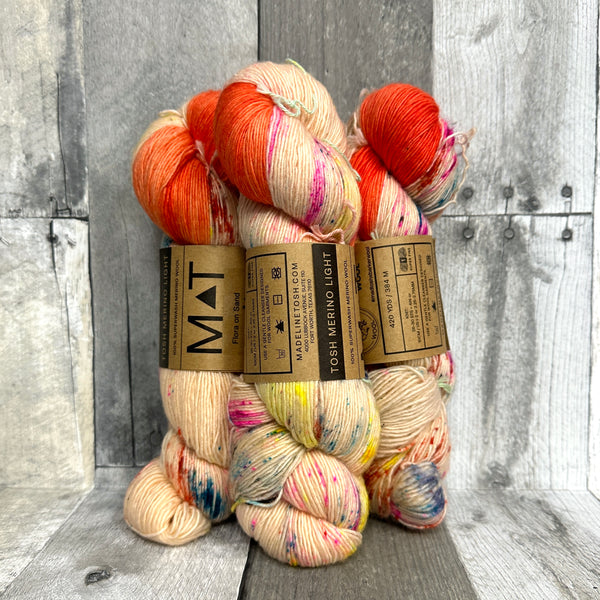 madelinetosh x barker wool collab: tosh merino light planned pooling colors flora on sand - Knot Another Hat